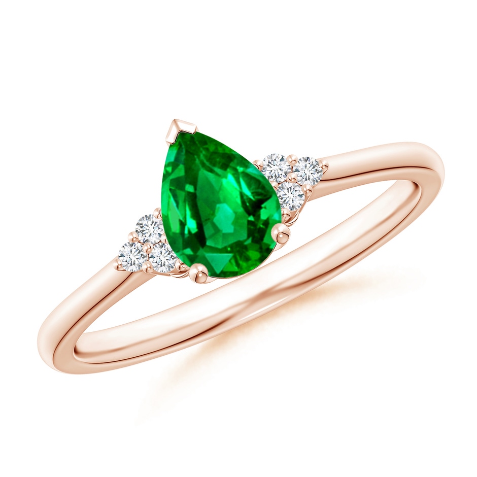 7x5mm Lab-Grown Pear Emerald Solitaire Ring with Trio Diamond Accents in Rose Gold 