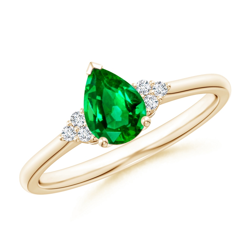 7x5mm Lab-Grown Pear Emerald Solitaire Ring with Trio Diamond Accents in Yellow Gold 