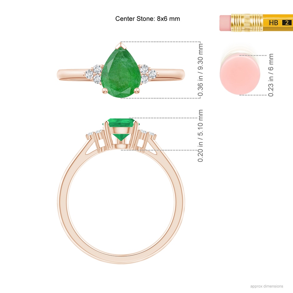 8x6mm A Pear Emerald Solitaire Ring with Trio Diamond Accents in Rose Gold ruler