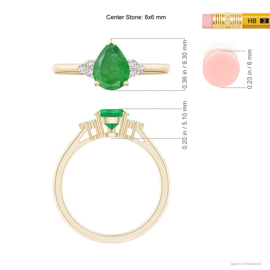 8x6mm A Pear Emerald Solitaire Ring with Trio Diamond Accents in Yellow Gold ruler