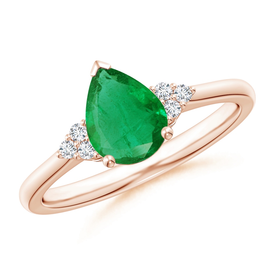 8x6mm AA Pear Emerald Solitaire Ring with Trio Diamond Accents in Rose Gold 