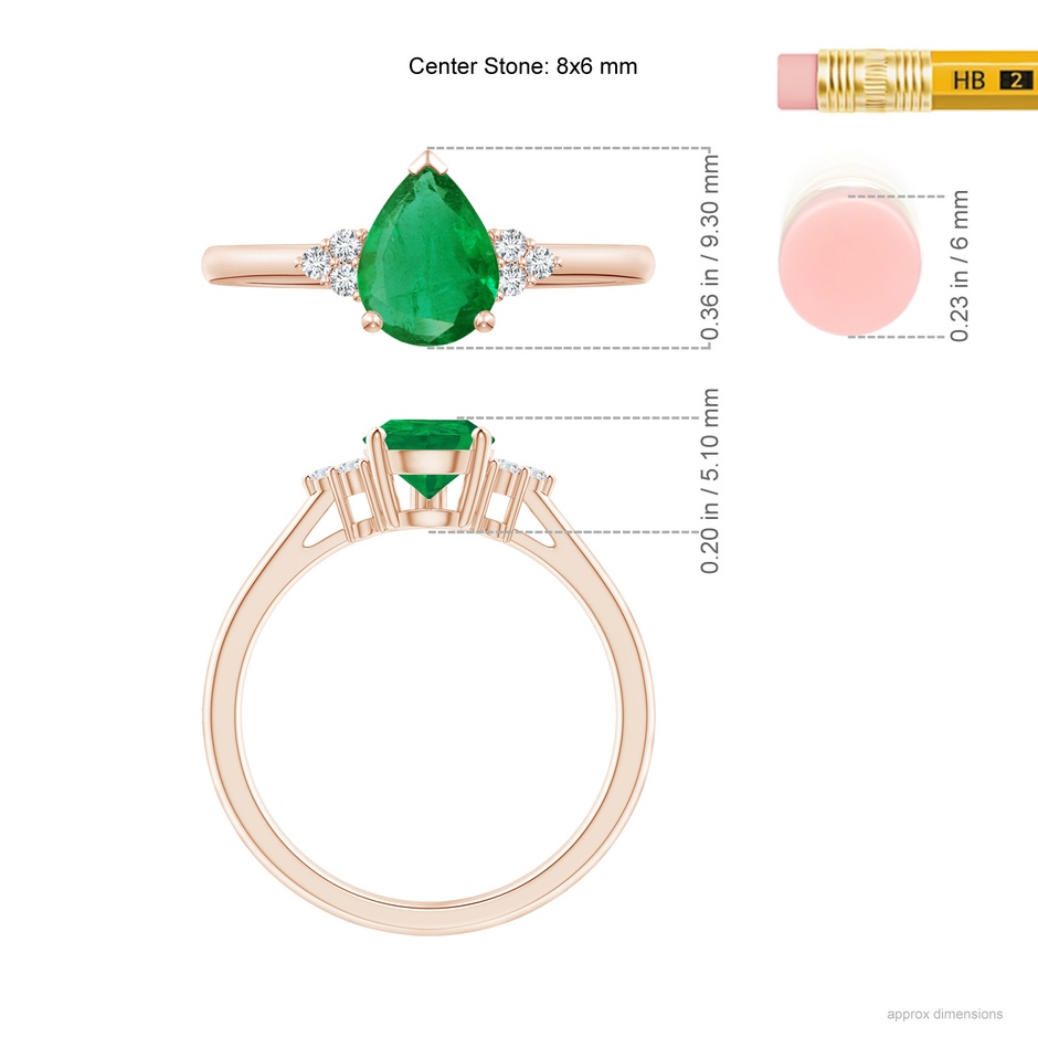 8x6mm AA Pear Emerald Solitaire Ring with Trio Diamond Accents in Rose Gold ruler