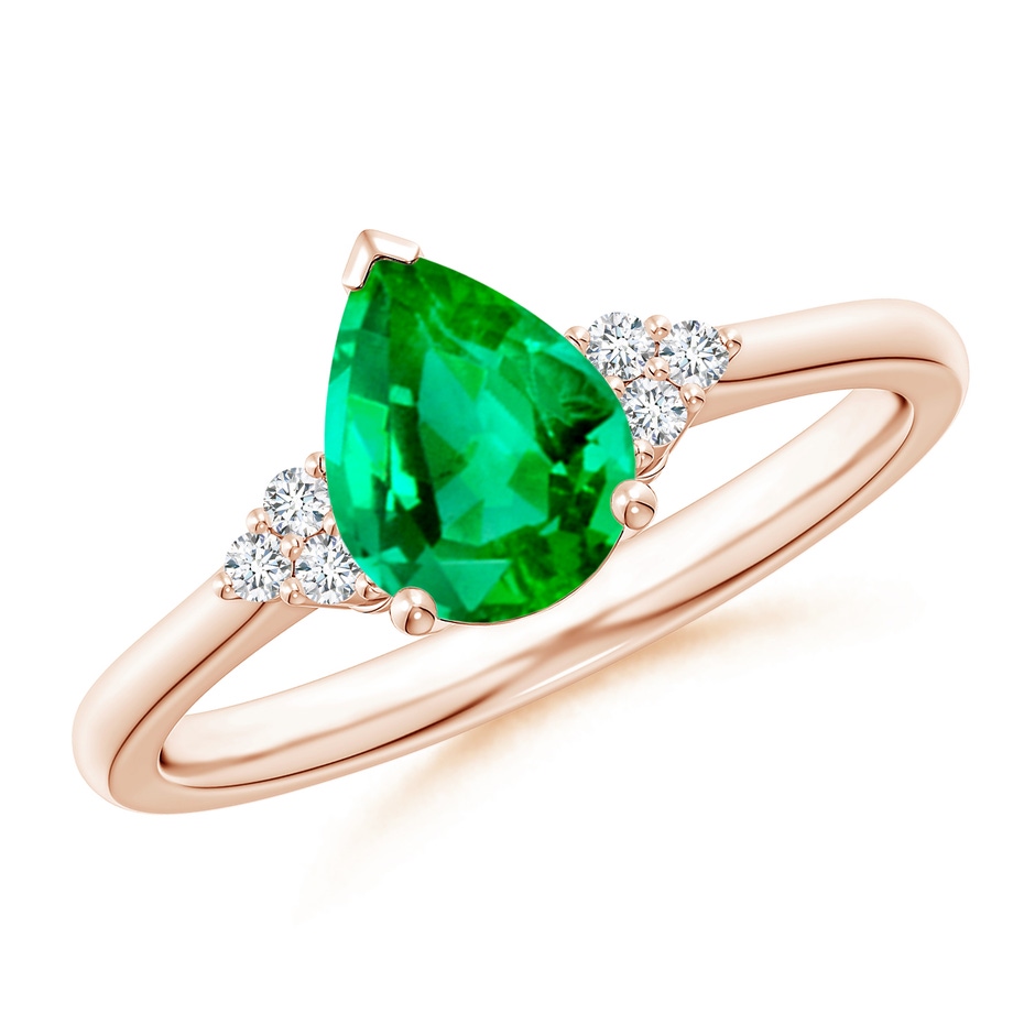 8x6mm AAA Pear Emerald Solitaire Ring with Trio Diamond Accents in Rose Gold 