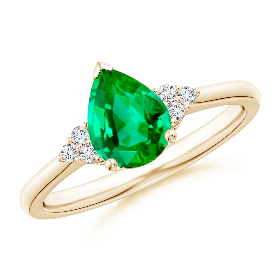 8x6mm AAA Pear Emerald Solitaire Ring with Trio Diamond Accents in Yellow Gold 