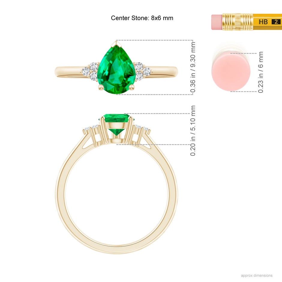 8x6mm AAA Pear Emerald Solitaire Ring with Trio Diamond Accents in Yellow Gold ruler