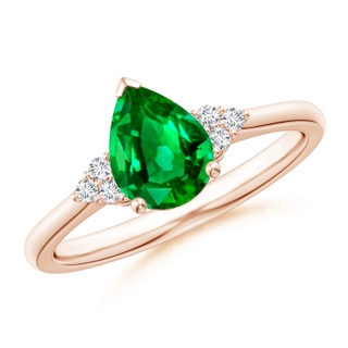8x6mm AAAA Pear Emerald Solitaire Ring with Trio Diamond Accents in 10K Rose Gold