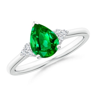 8x6mm AAAA Pear Emerald Solitaire Ring with Trio Diamond Accents in P950 Platinum