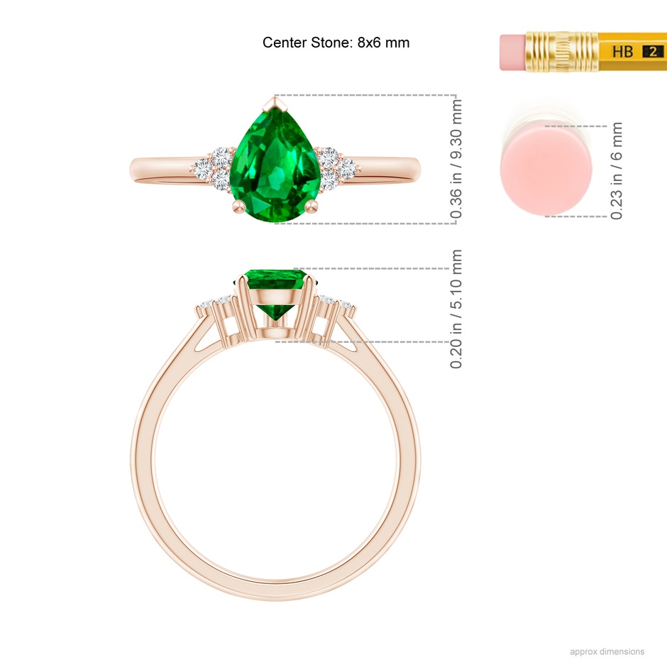 8x6mm AAAA Pear Emerald Solitaire Ring with Trio Diamond Accents in Rose Gold ruler