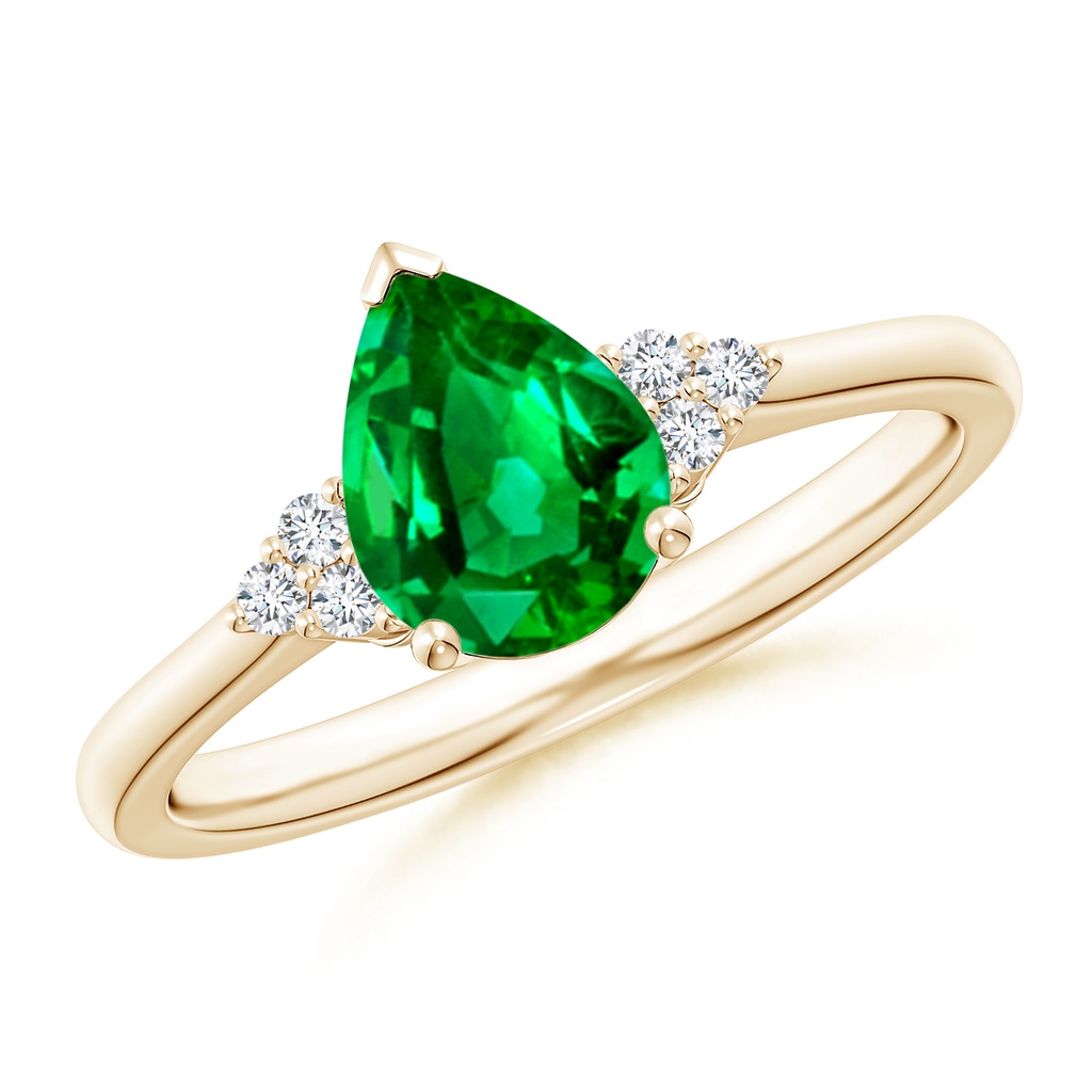 8x6mm Lab-Grown Pear Emerald Solitaire Ring with Trio Diamond Accents in Yellow Gold