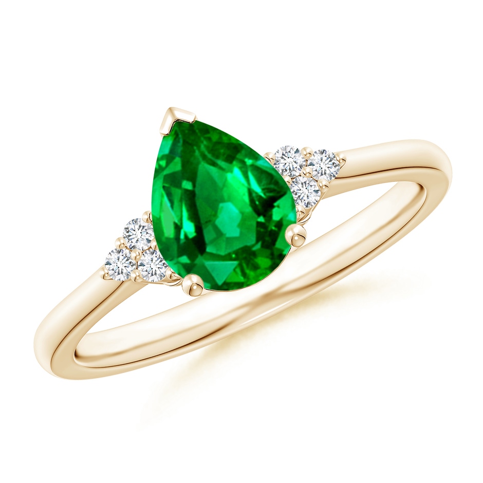 8x6mm Lab-Grown Pear Emerald Solitaire Ring with Trio Diamond Accents in Yellow Gold 