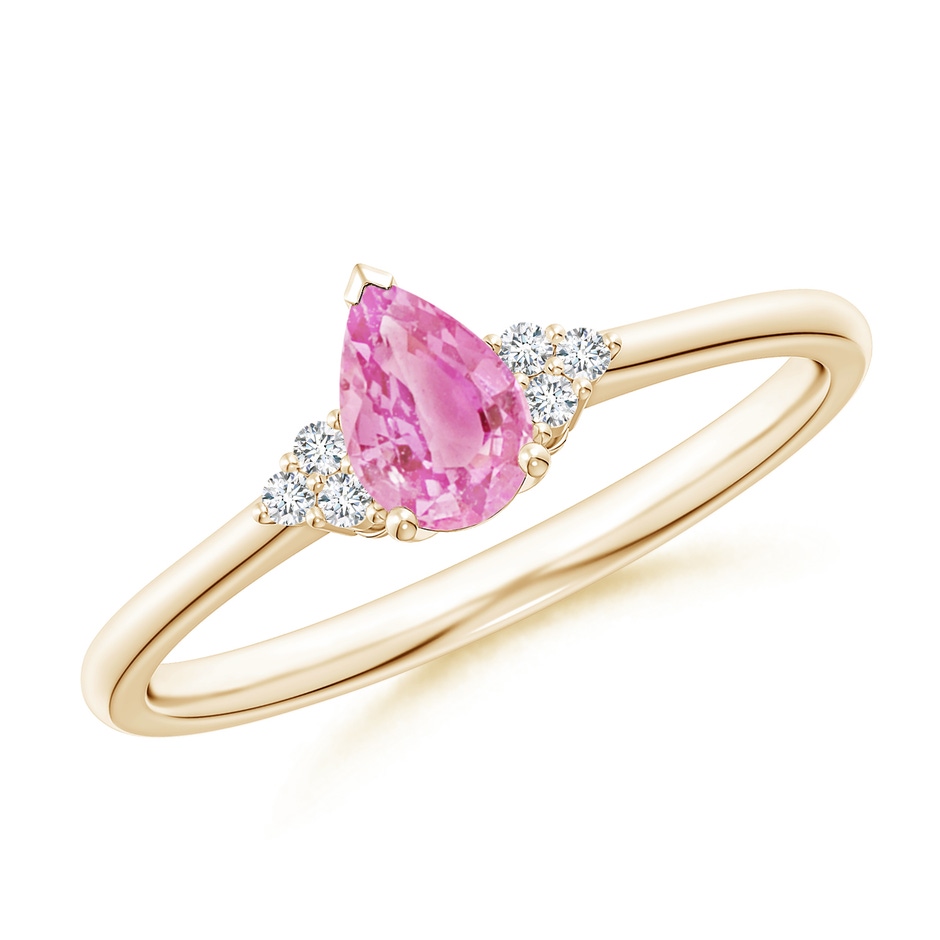 6x4mm A Pear Pink Sapphire Solitaire Ring with Trio Diamond Accents in 10K Yellow Gold 