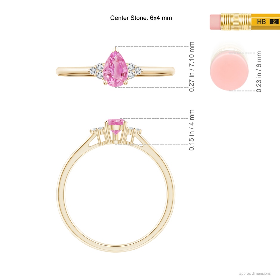 6x4mm A Pear Pink Sapphire Solitaire Ring with Trio Diamond Accents in 10K Yellow Gold ruler