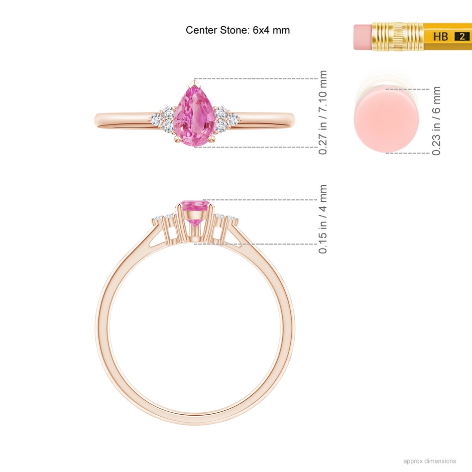 6x4mm AA Pear Pink Sapphire Solitaire Ring with Trio Diamond Accents in 9K Rose Gold ruler
