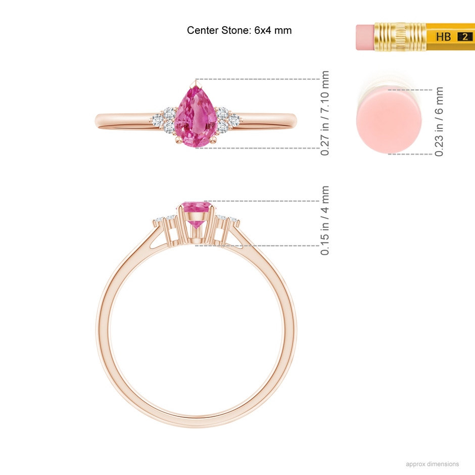 6x4mm AAA Pear Pink Sapphire Solitaire Ring with Trio Diamond Accents in Rose Gold ruler