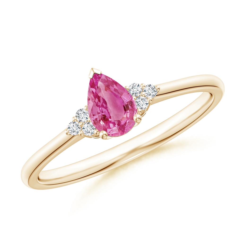 6x4mm AAA Pear Pink Sapphire Solitaire Ring with Trio Diamond Accents in Yellow Gold
