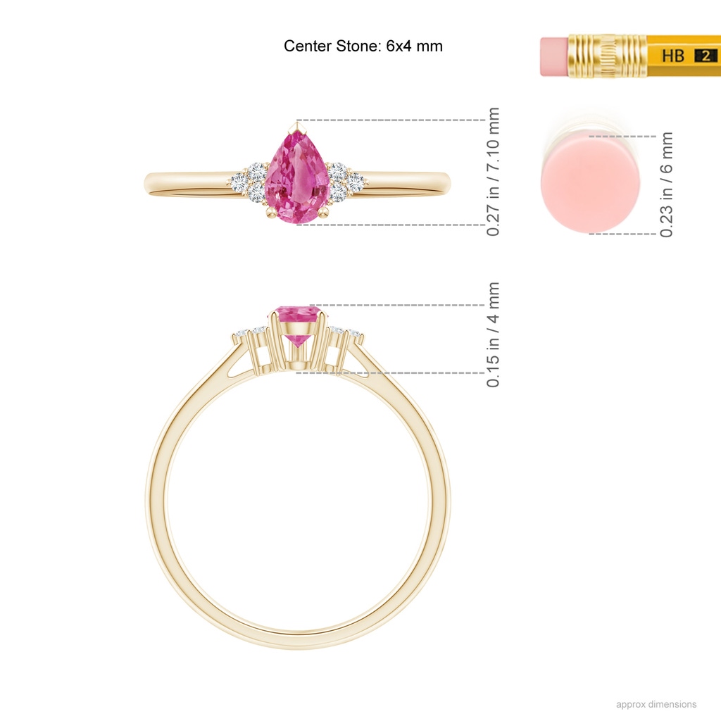 6x4mm AAA Pear Pink Sapphire Solitaire Ring with Trio Diamond Accents in Yellow Gold Ruler