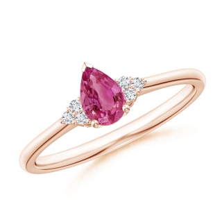 6x4mm AAAA Pear Pink Sapphire Solitaire Ring with Trio Diamond Accents in Rose Gold