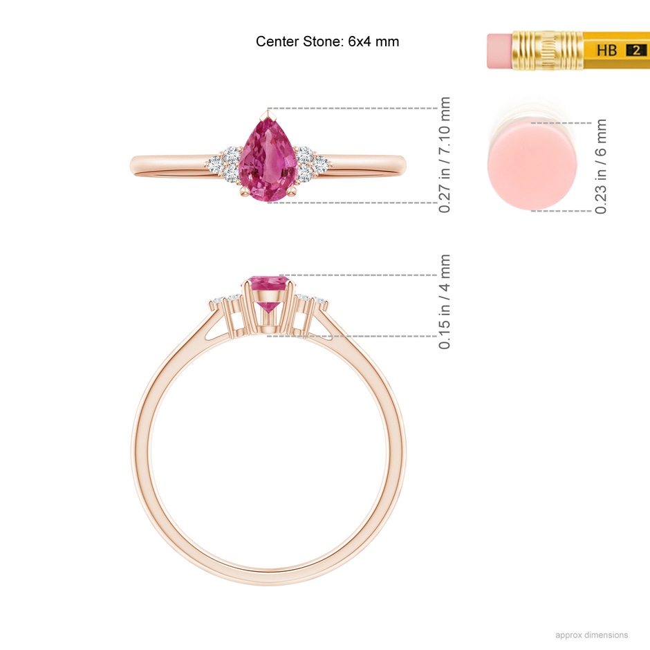 6x4mm AAAA Pear Pink Sapphire Solitaire Ring with Trio Diamond Accents in Rose Gold ruler