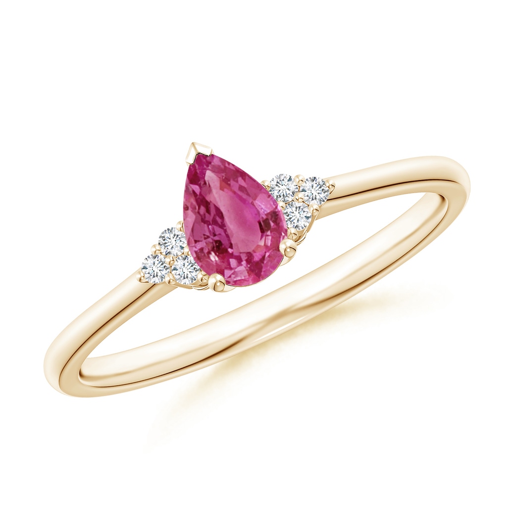 6x4mm AAAA Pear Pink Sapphire Solitaire Ring with Trio Diamond Accents in Yellow Gold