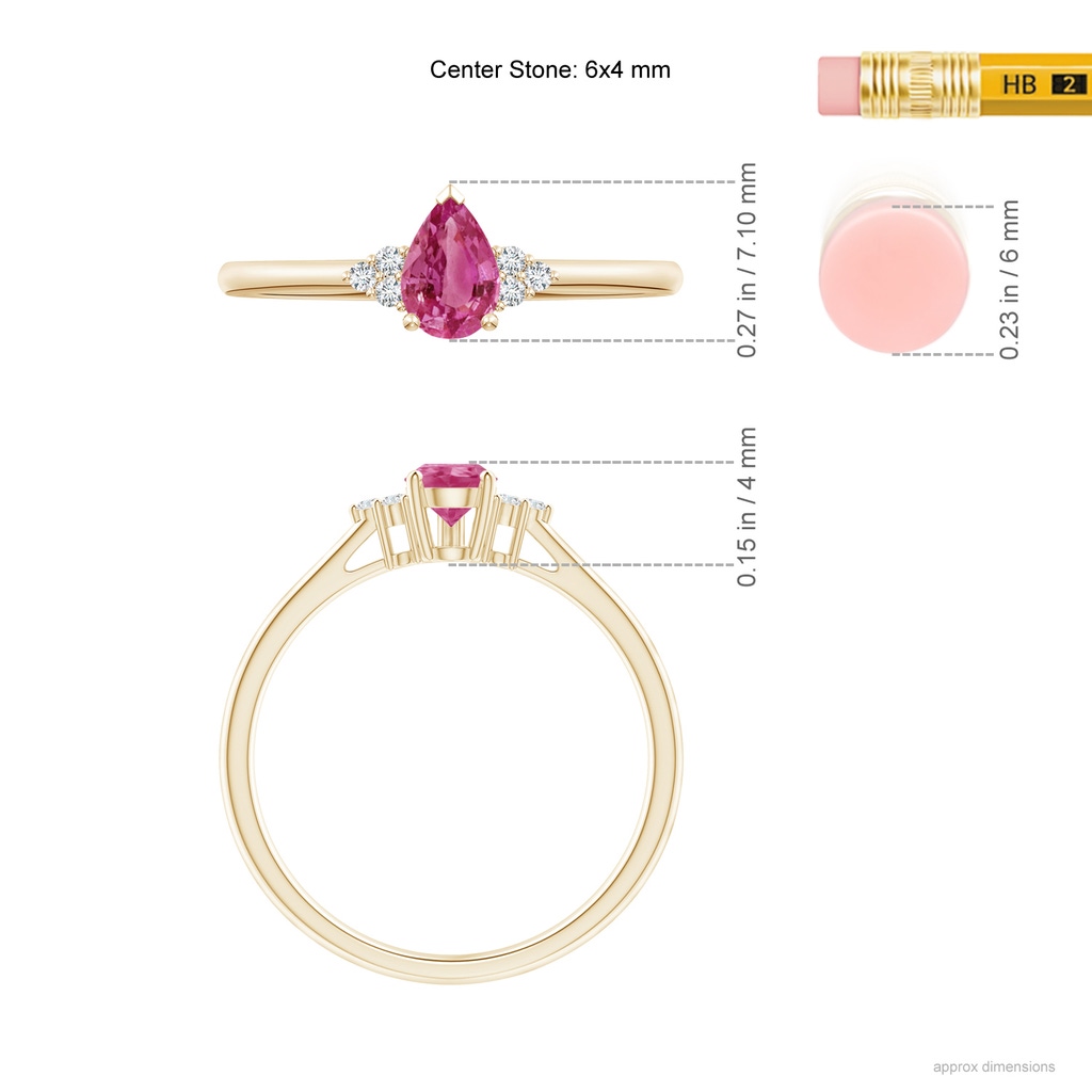 6x4mm AAAA Pear Pink Sapphire Solitaire Ring with Trio Diamond Accents in Yellow Gold Ruler