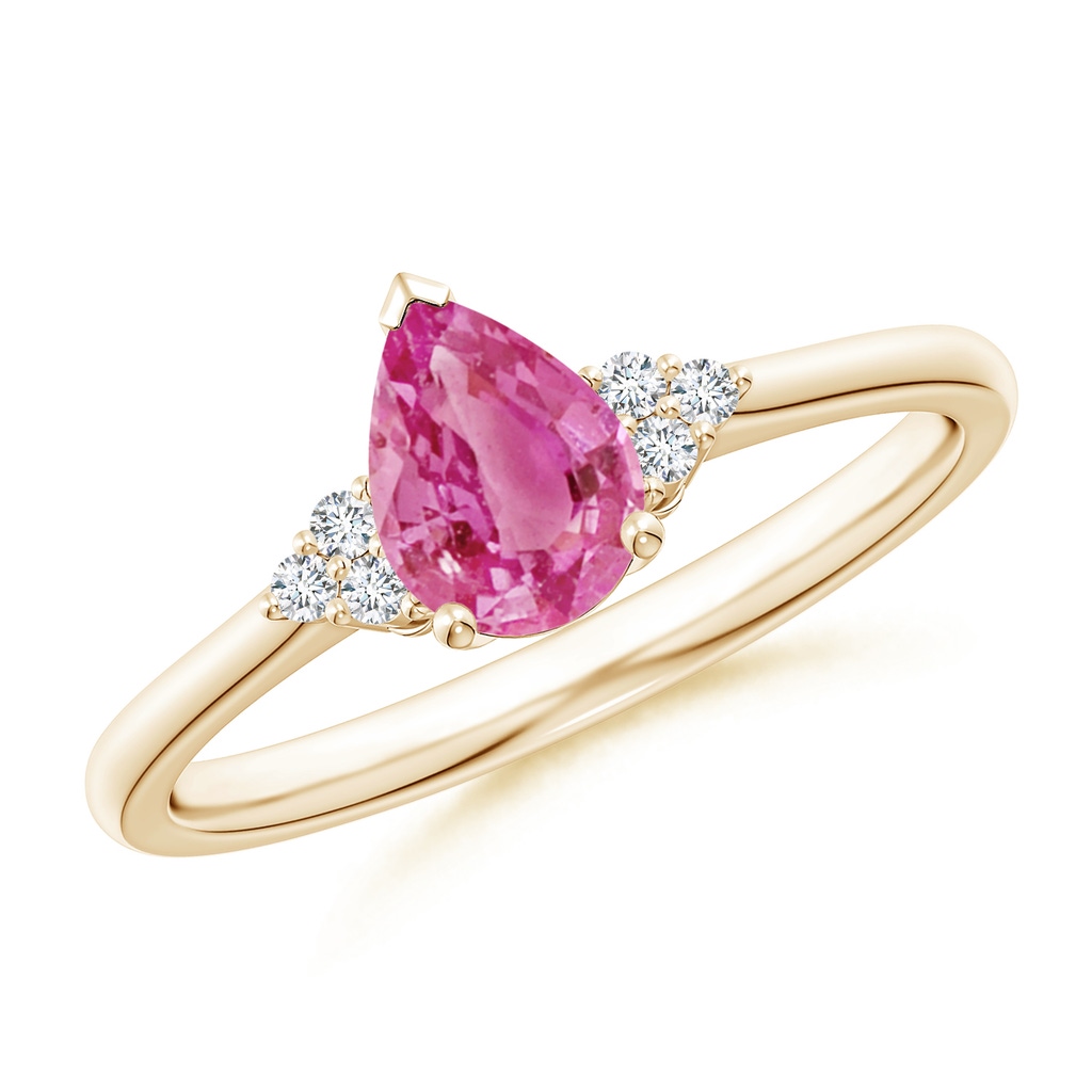 7x5mm AAA Pear Pink Sapphire Solitaire Ring with Trio Diamond Accents in Yellow Gold