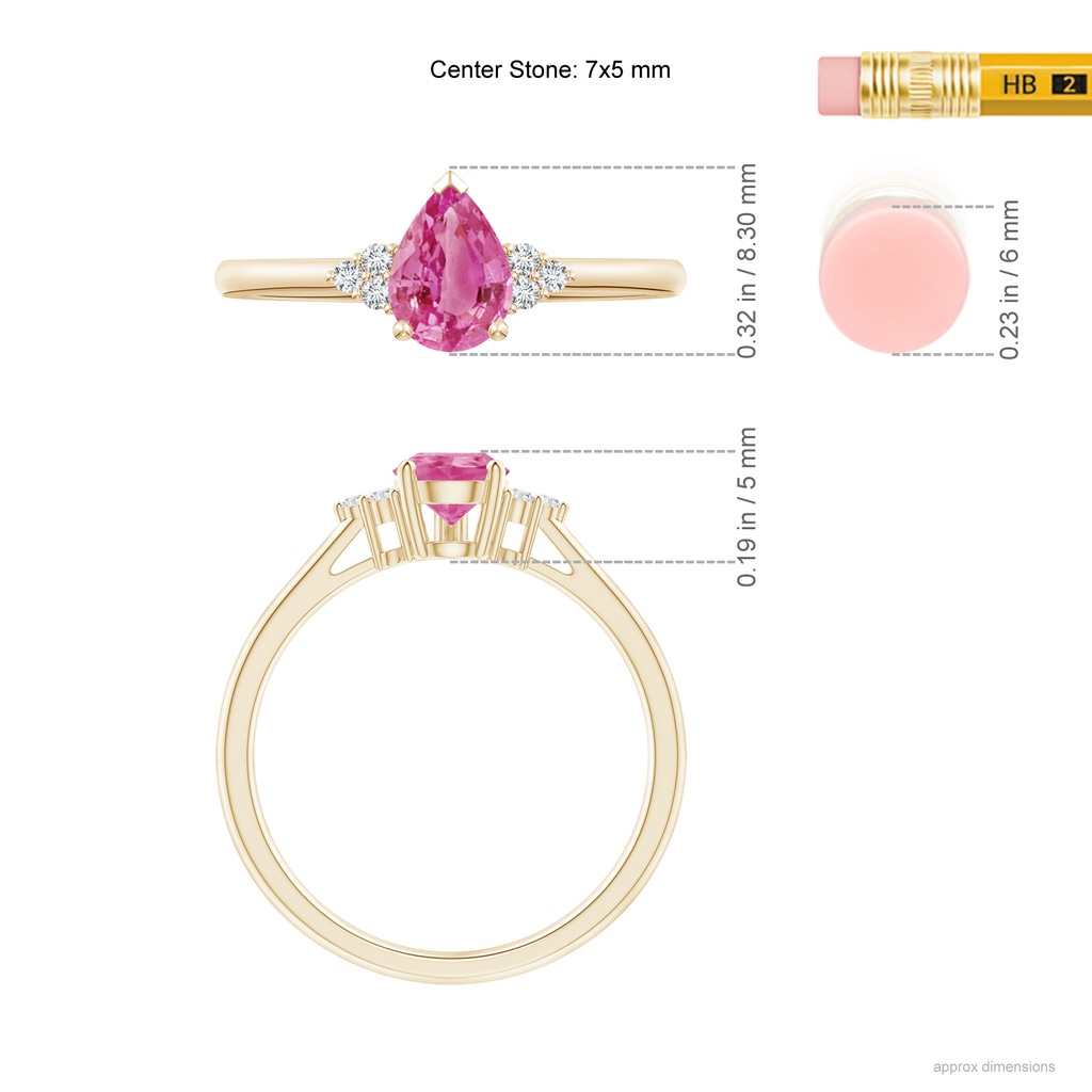 7x5mm AAA Pear Pink Sapphire Solitaire Ring with Trio Diamond Accents in Yellow Gold Ruler
