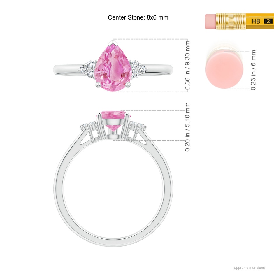 8x6mm A Pear Pink Sapphire Solitaire Ring with Trio Diamond Accents in 10K White Gold ruler