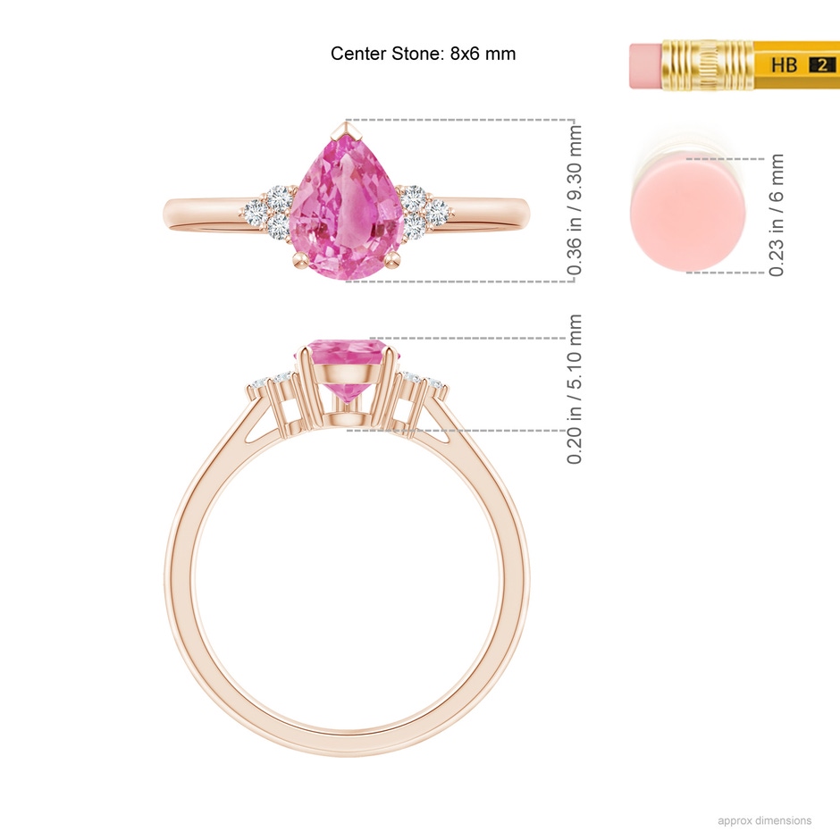 8x6mm AA Pear Pink Sapphire Solitaire Ring with Trio Diamond Accents in Rose Gold ruler