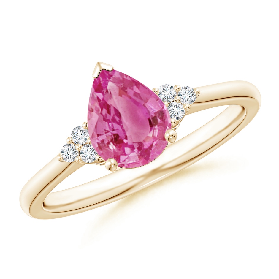 8x6mm AAA Pear Pink Sapphire Solitaire Ring with Trio Diamond Accents in Yellow Gold 