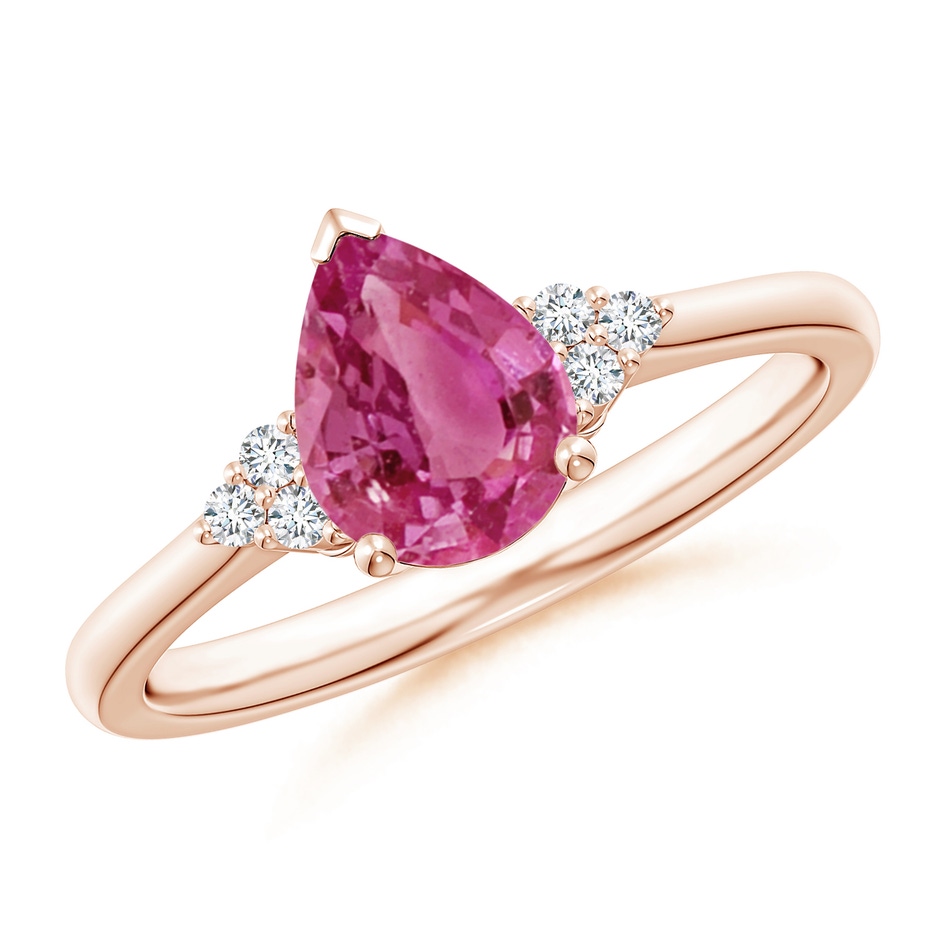 8x6mm AAAA Pear Pink Sapphire Solitaire Ring with Trio Diamond Accents in Rose Gold 