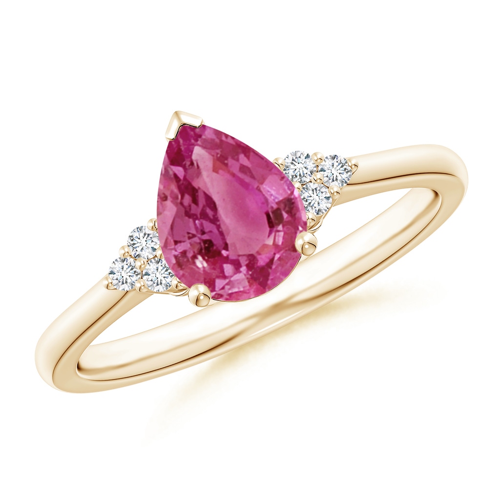 8x6mm AAAA Pear Pink Sapphire Solitaire Ring with Trio Diamond Accents in Yellow Gold