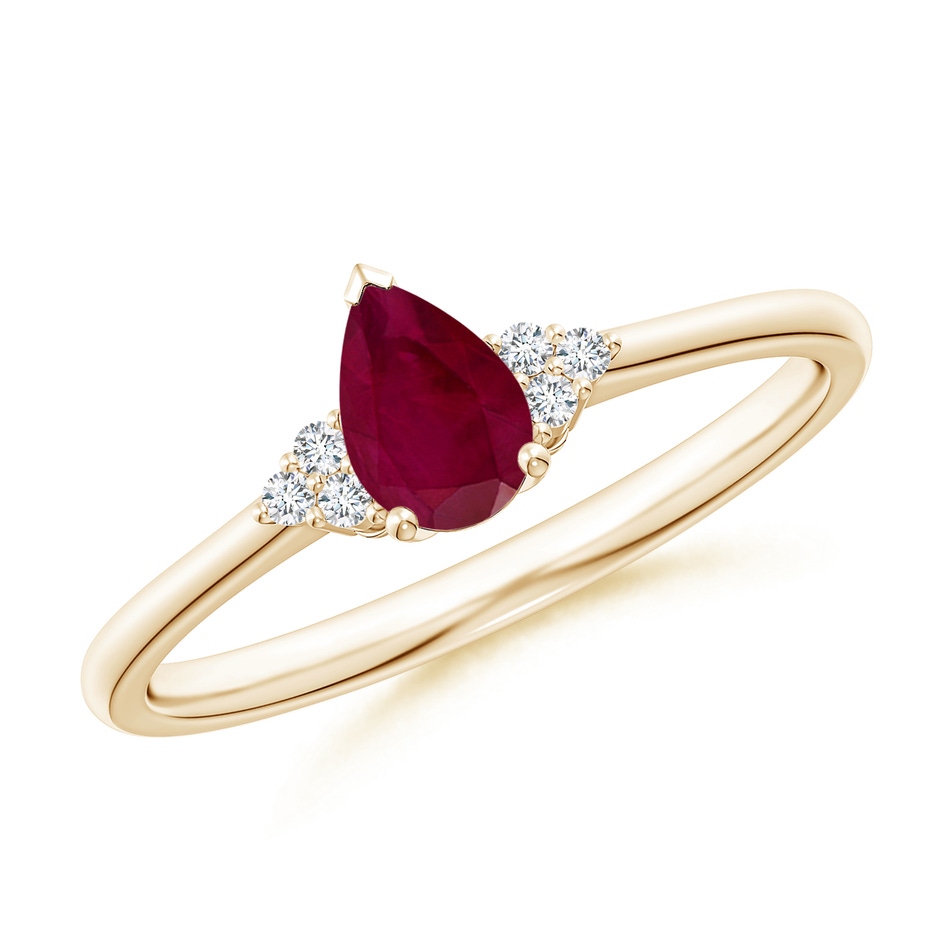 6x4mm A Pear Ruby Solitaire Ring with Trio Diamond Accents in Yellow Gold 