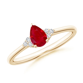 6x4mm AAA Pear Ruby Solitaire Ring with Trio Diamond Accents in 9K Yellow Gold
