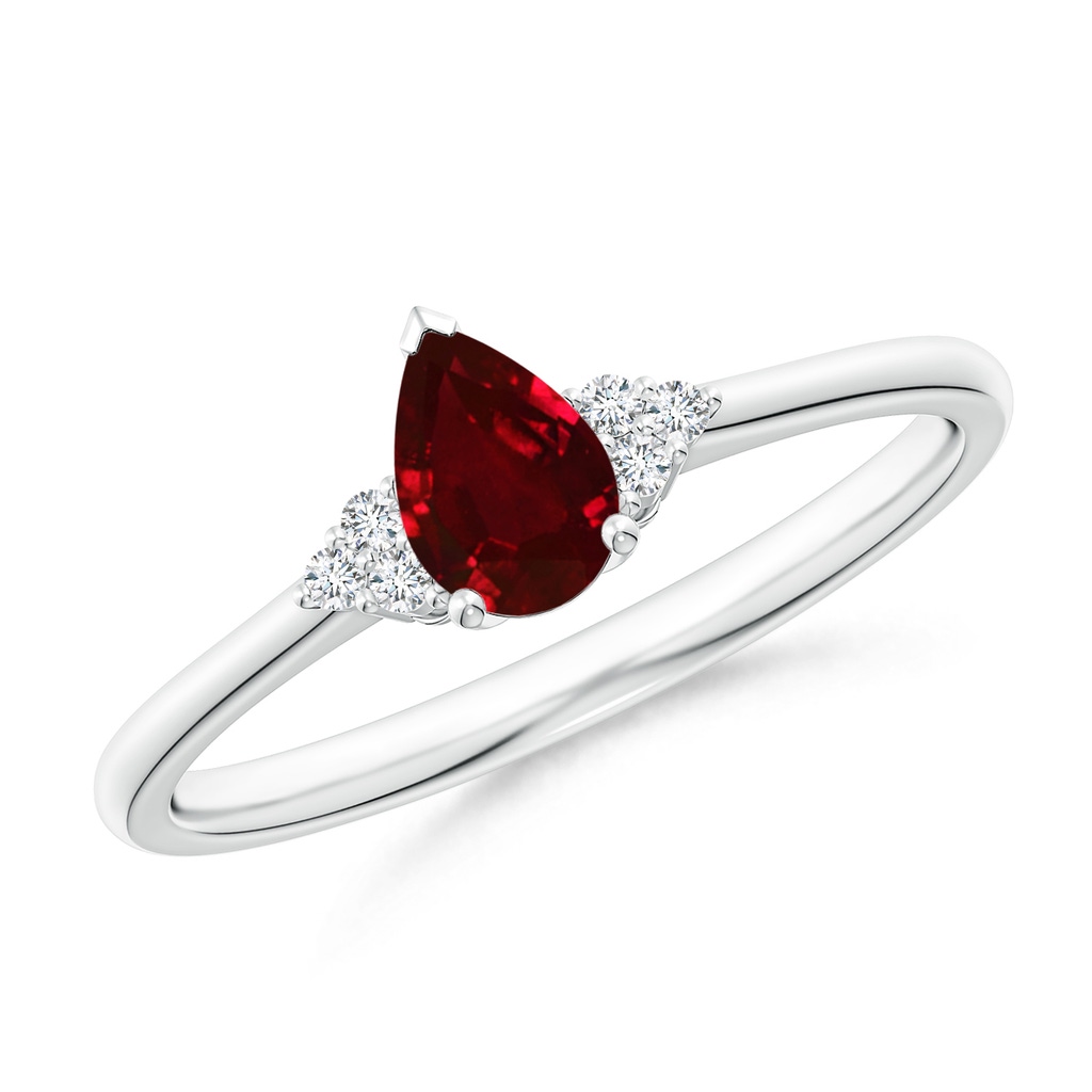 6x4mm AAAA Pear Ruby Solitaire Ring with Trio Diamond Accents in P950 Platinum