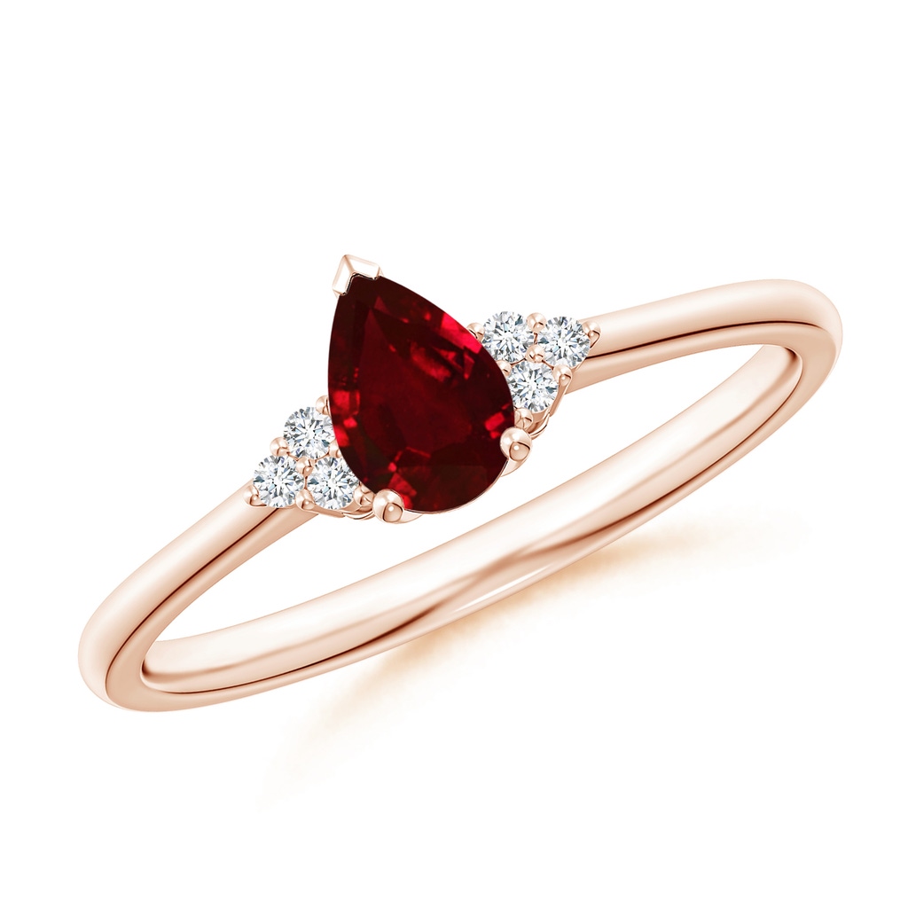 6x4mm AAAA Pear Ruby Solitaire Ring with Trio Diamond Accents in Rose Gold