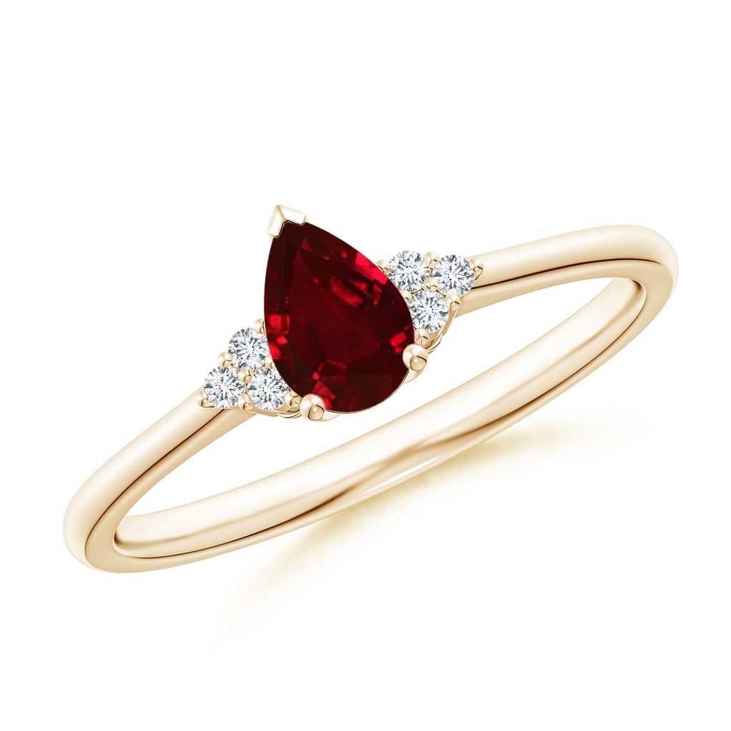 6x4mm AAAA Pear Ruby Solitaire Ring with Trio Diamond Accents in Yellow Gold