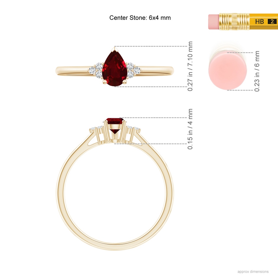 6x4mm AAAA Pear Ruby Solitaire Ring with Trio Diamond Accents in Yellow Gold ruler