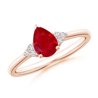 7x5mm AAA Pear Ruby Solitaire Ring with Trio Diamond Accents in 9K Rose Gold