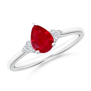 7x5mm AAA Pear Ruby Solitaire Ring with Trio Diamond Accents in P950 Platinum