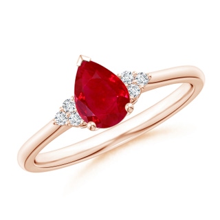 7x5mm AAA Pear Ruby Solitaire Ring with Trio Diamond Accents in Rose Gold
