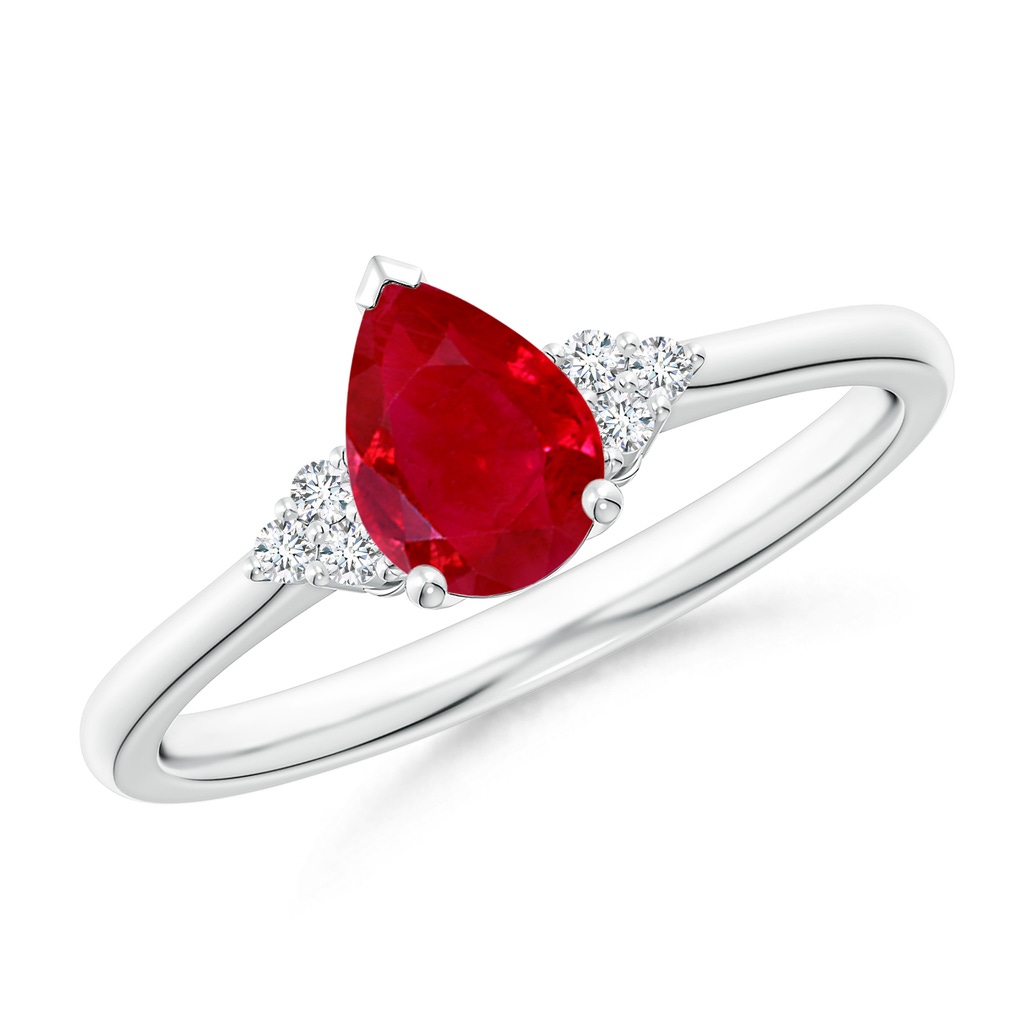 7x5mm AAA Pear Ruby Solitaire Ring with Trio Diamond Accents in White Gold