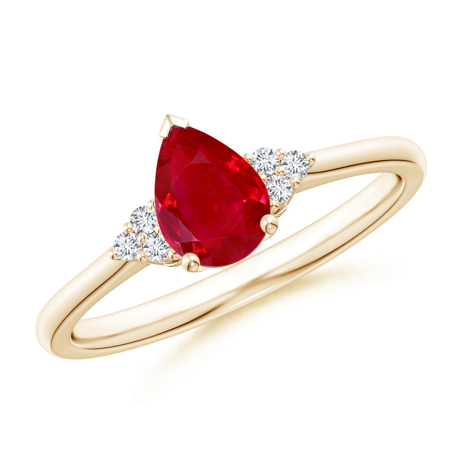 7x5mm AAA Pear Ruby Solitaire Ring with Trio Diamond Accents in Yellow Gold 