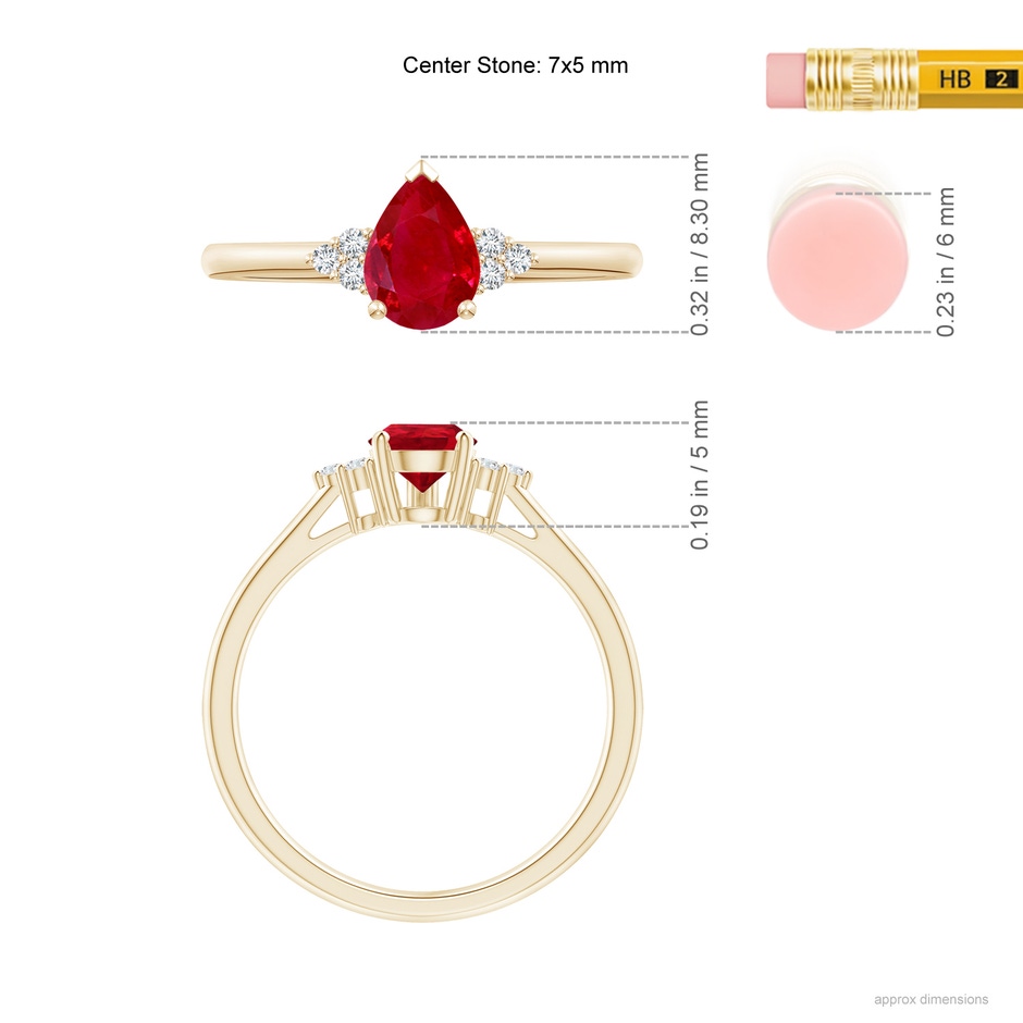 7x5mm AAA Pear Ruby Solitaire Ring with Trio Diamond Accents in Yellow Gold ruler