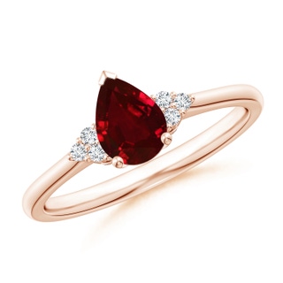 7x5mm AAAA Pear Ruby Solitaire Ring with Trio Diamond Accents in 9K Rose Gold