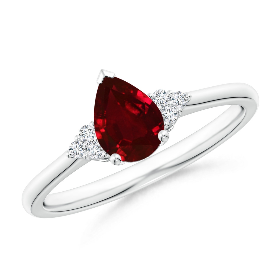 7x5mm AAAA Pear Ruby Solitaire Ring with Trio Diamond Accents in P950 Platinum 