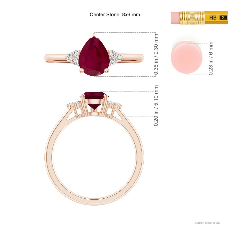 8x6mm A Pear Ruby Solitaire Ring with Trio Diamond Accents in Rose Gold ruler