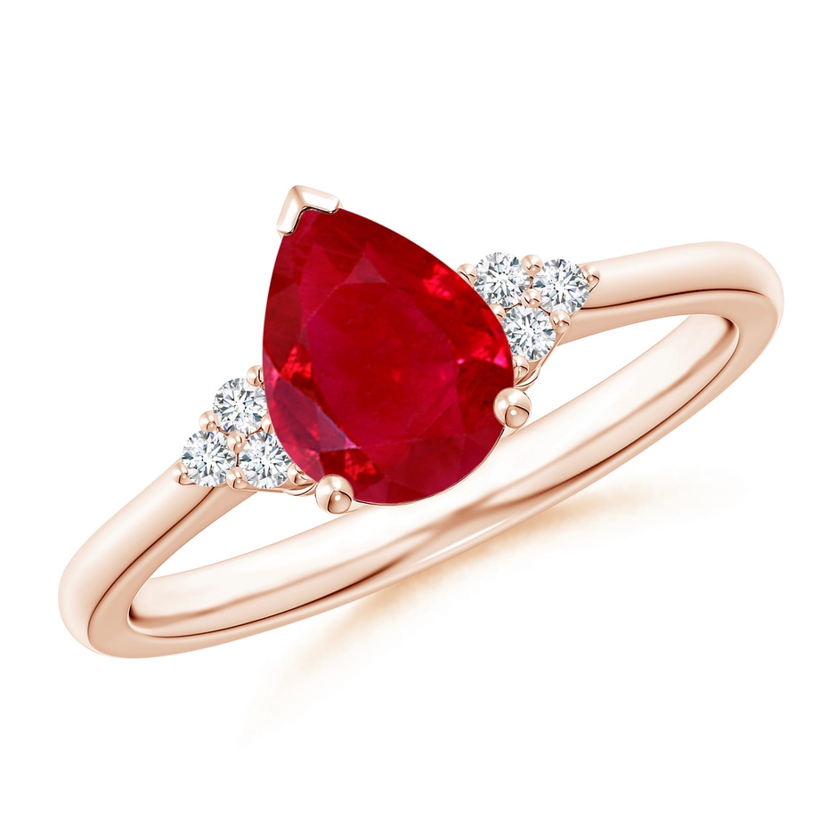 8x6mm AAA Pear Ruby Solitaire Ring with Trio Diamond Accents in Rose Gold 