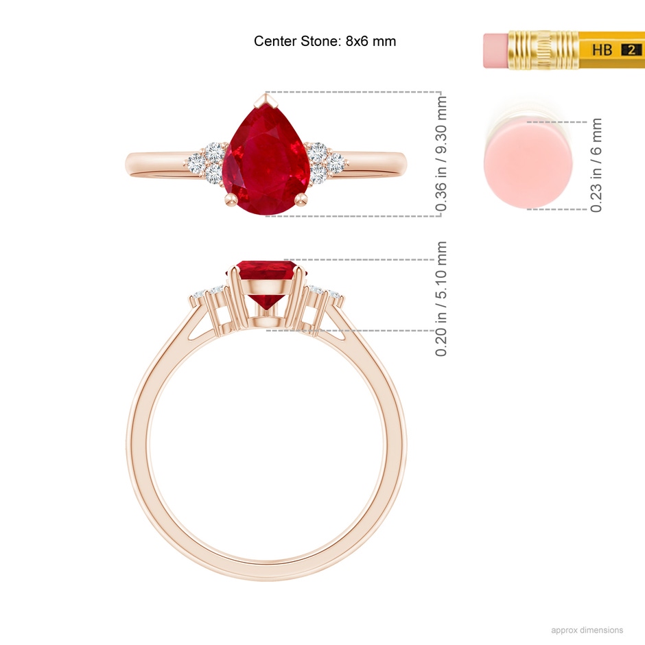 8x6mm AAA Pear Ruby Solitaire Ring with Trio Diamond Accents in Rose Gold ruler