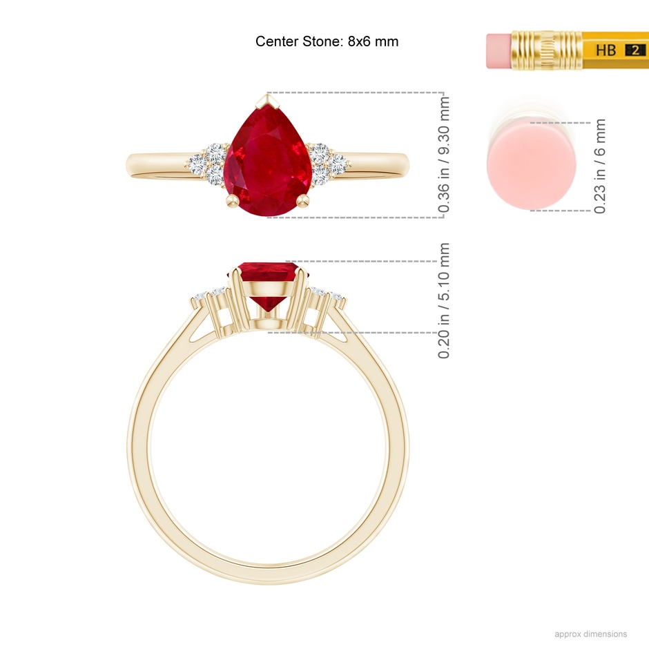 8x6mm AAA Pear Ruby Solitaire Ring with Trio Diamond Accents in Yellow Gold ruler