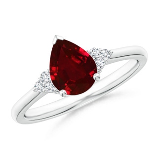 8x6mm AAAA Pear Ruby Solitaire Ring with Trio Diamond Accents in P950 Platinum